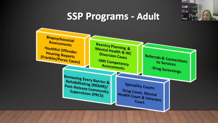 Slide from presentation on forensic social work at the Public Defender's Office, showing social work services for adults