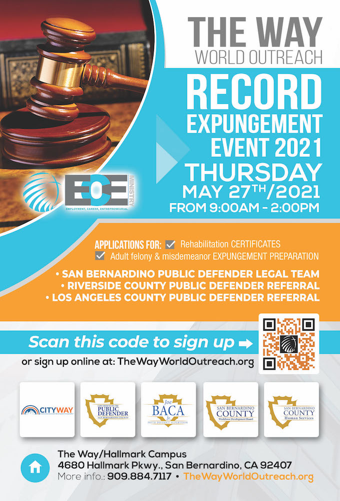 Flyer for The Way World Outreach expungement event on May 27, 2021. Details in post.