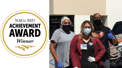 On the left is a graphic with black text reading NACo 2021 Achievement Award Winner inside a gold circle. The right side is a photo of three Public Defender and New Hope staff members wearing face masks.