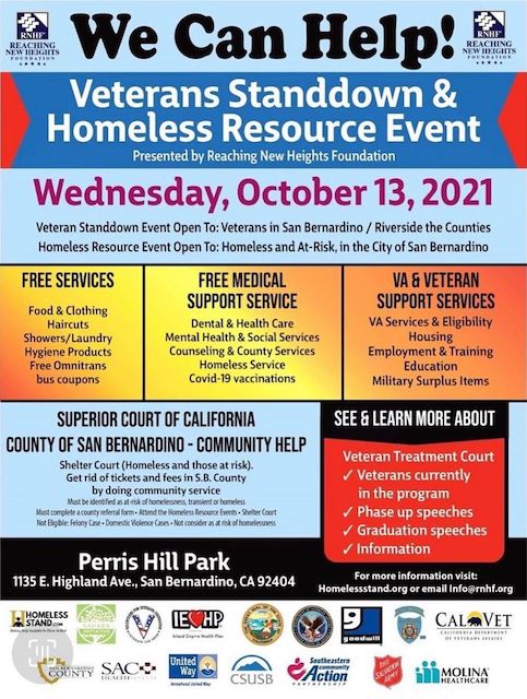 Flyer for Veteran Stand Down and Homeless Resource Event, San Bernardino, 2021
