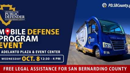 Mobile Defense Program Event flyer with blue RV and event details for October 8 at Adelanto Plaza.