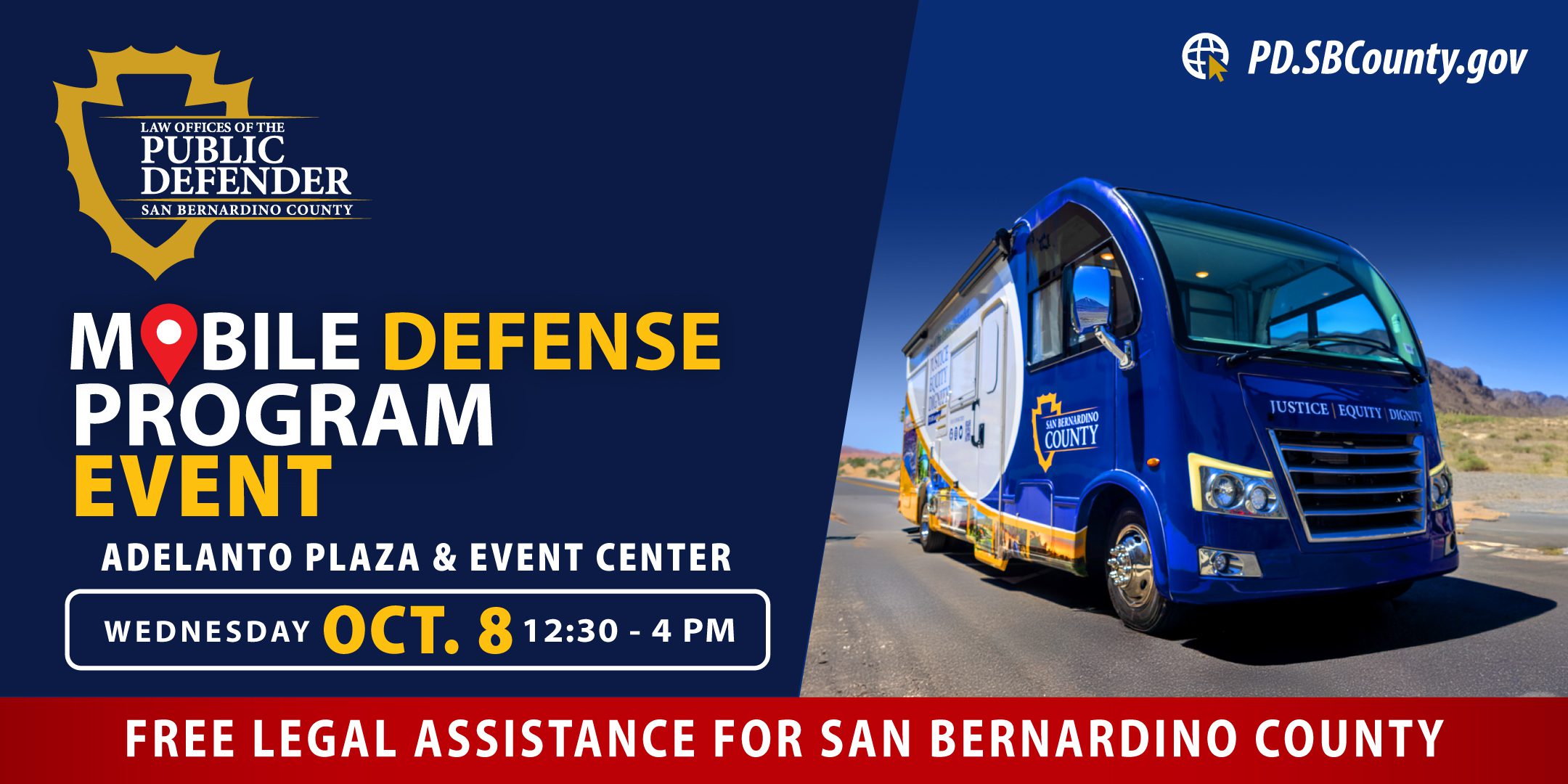 Adelanto-Mobile-Defense-Eventbrite Mobile Defense Program Event flyer with blue RV and event details for October 8 at Adelanto Plaza.