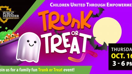 Cartoon ghost, candy cauldron, and event info promoting Trunk or Treat on October 16 from 3–6 PM hosted by Public Defender.