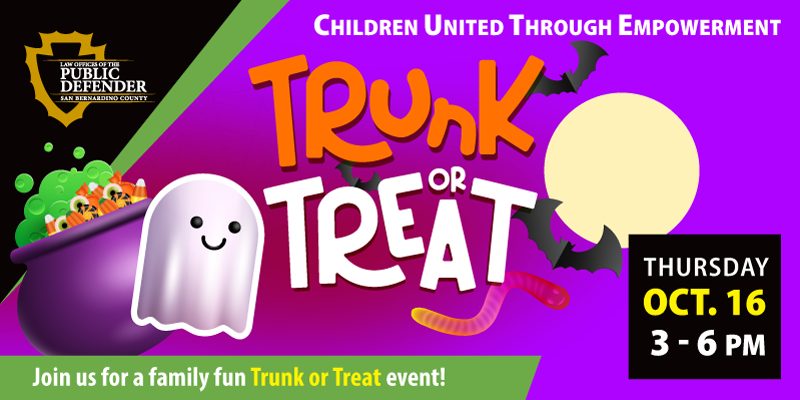 Cartoon ghost, candy cauldron, and event info promoting Trunk or Treat on October 16 from 3–6 PM hosted by Public Defender.