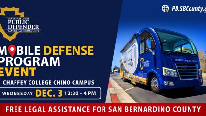 Mobile Defense Program Event flyer with blue RV and event details for December 3rd in Chino.
