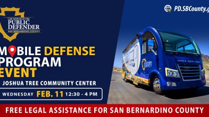 Mobile Defense Program Event flyer with blue RV and event details for February 11 in Joshua Tree.