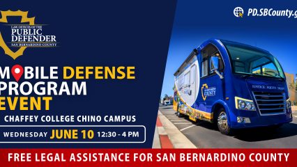 Mobile Defense Program Event flyer with blue RV and event details for June 10 in Chino.