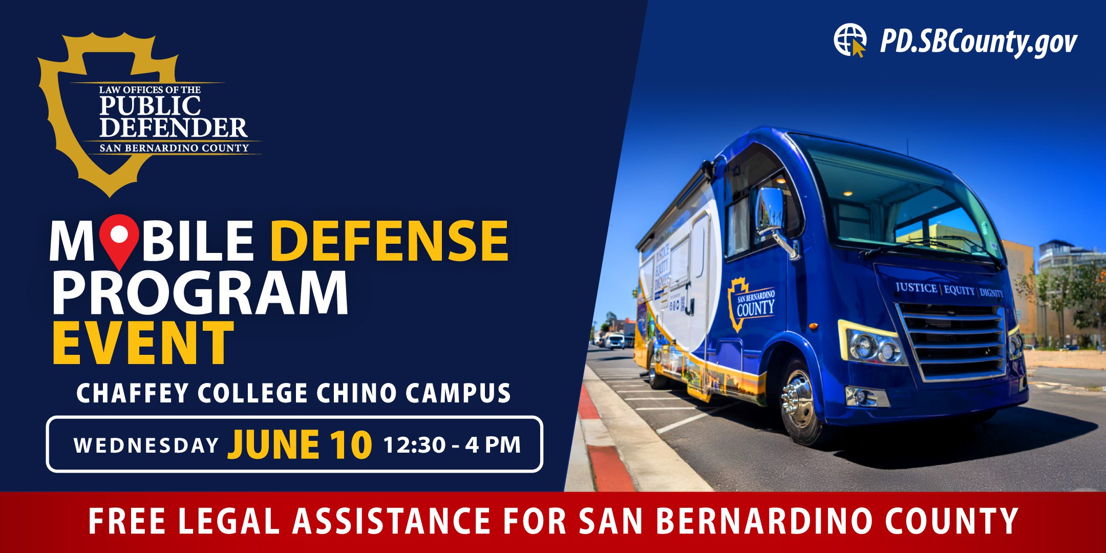 Mobile Defense Program Event flyer with blue RV and event details for June 10 in Chino.