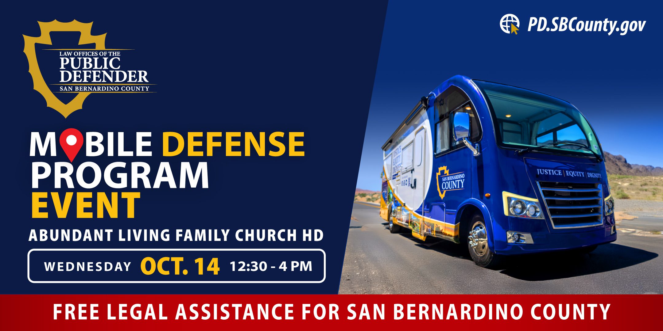 Mobile Defense Program event flyer for Oct. 14, 12:30–4 p.m. at Abundant Living Family Church HD, featuring the Public Defender mobile unit.