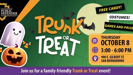 Colorful Trunk or Treat flyer for Oct. 8, 3–6 p.m. in San Bernardino, featuring a ghost, pumpkin, bats, candy, games and prizes.