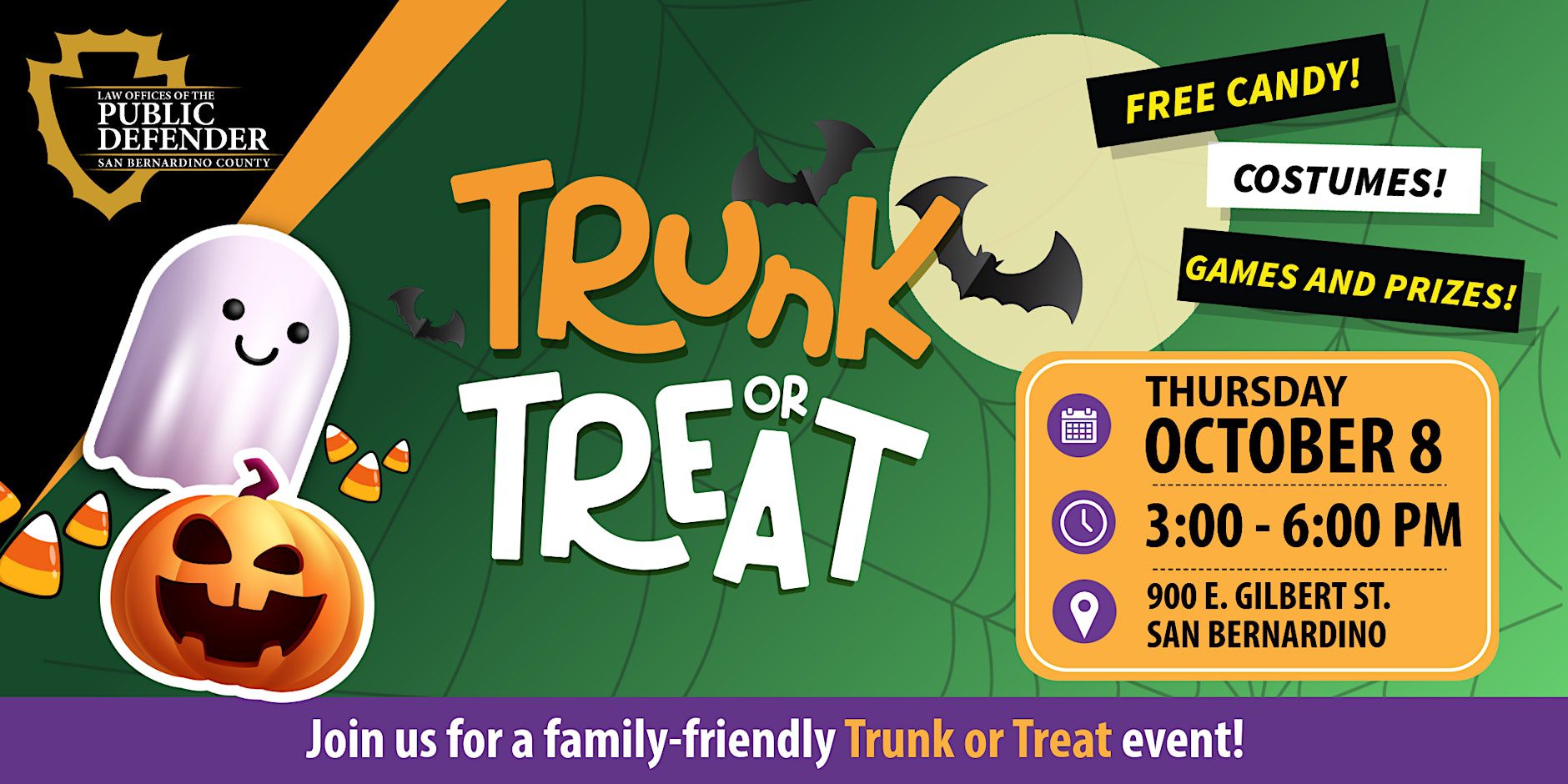 Colorful Trunk or Treat flyer for Oct. 8, 3–6 p.m. in San Bernardino, featuring a ghost, pumpkin, bats, candy, games and prizes.