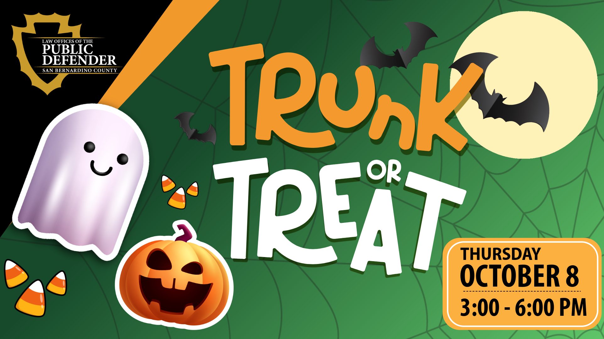 San Bernardino County Public Defender Trunk or Treat, Thursday, Oct. 8, from 3 to 6 p.m., with festive Halloween graphics.